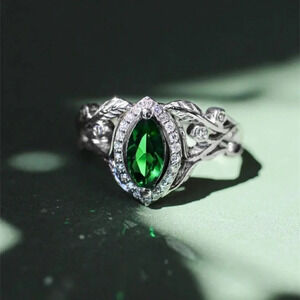 💞Emerald Marquis Gem Leaf Weave Silver Noble Rings for Women, MARR9098